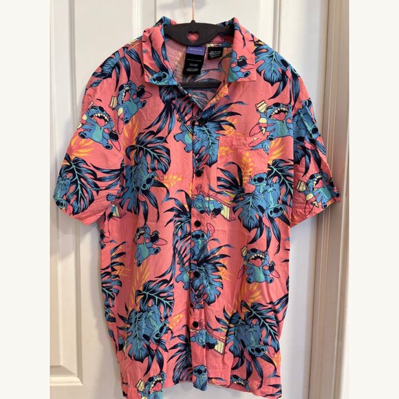 Disney Stitch Hawaiian Button-Up Shirt Small Pink Tropical Aloha - Picture 1 of 9